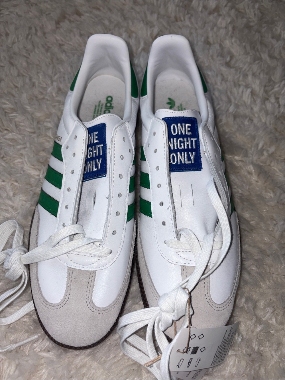 adidas White Sneakers with Green Stripes and Blue Tongue Patch - ONE NIGHT ONLY